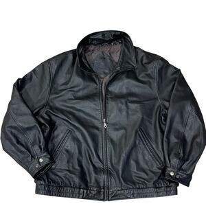 Vintage Y2K Real Leather Black Bomber Jacket Zip Men's XL Roundtree & Yorke